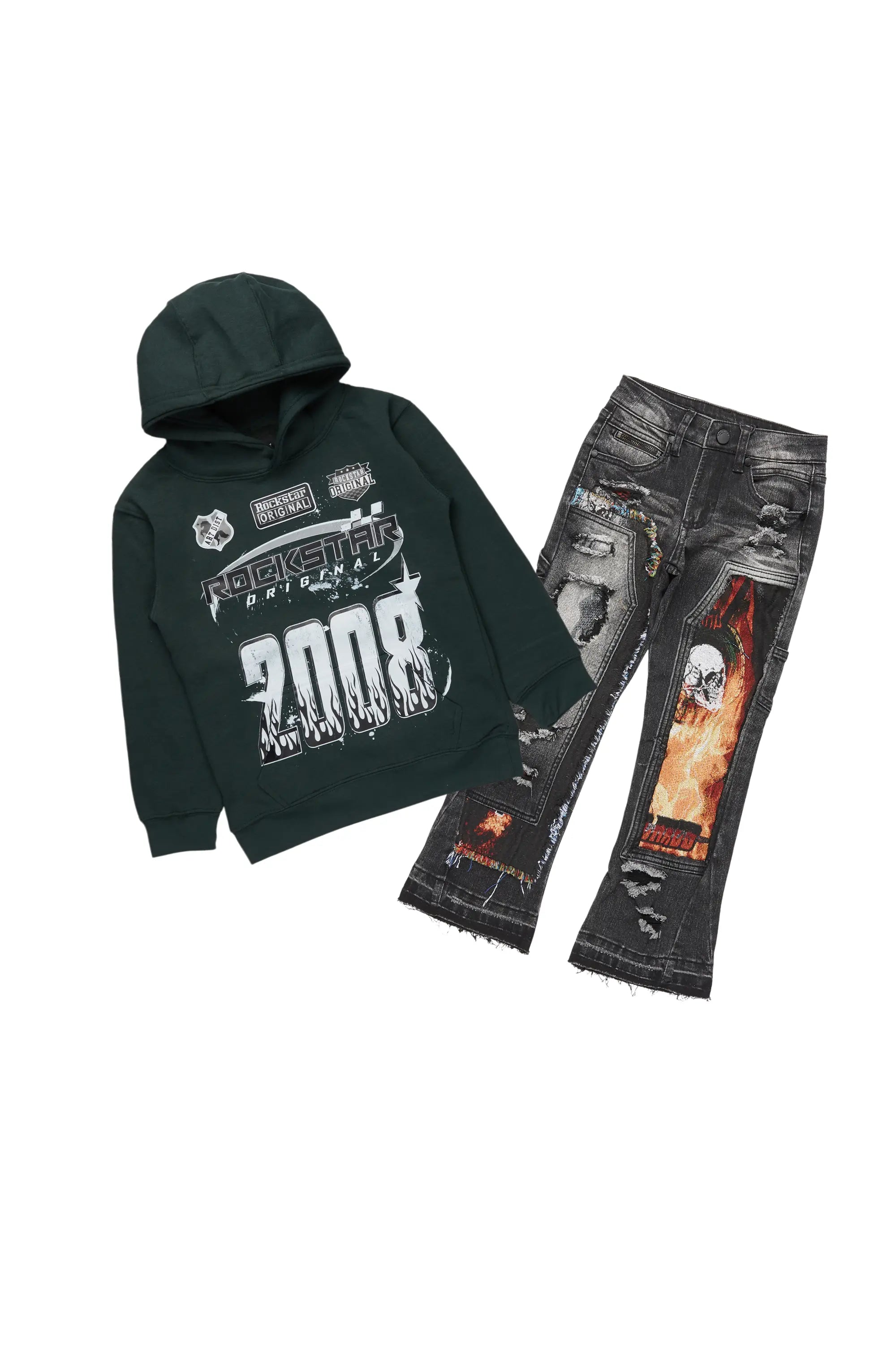 Boys Amos Dark Green Hoodie/Baggy Fit Jean Set