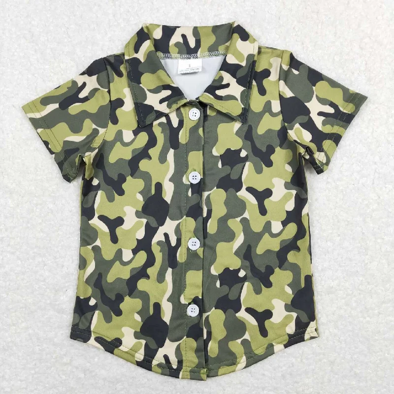 BT0521 Green camo Boys Short Sleeve Top Collar T-Shirts Polished Men's Satin