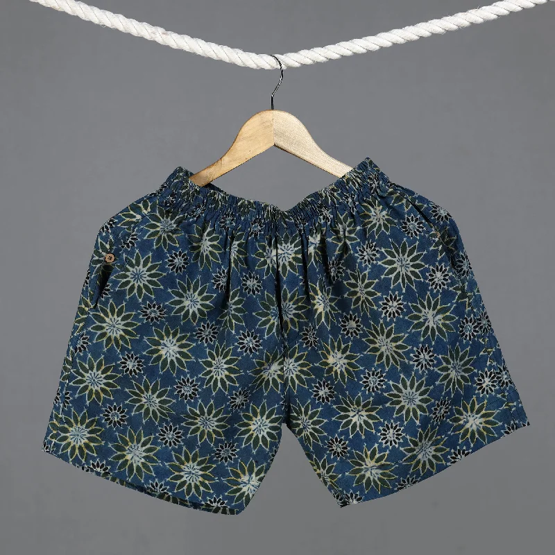 Blue - Ajrakh Block Printed Cotton Unisex Boxer/Shorts Elegant Men's Formal 