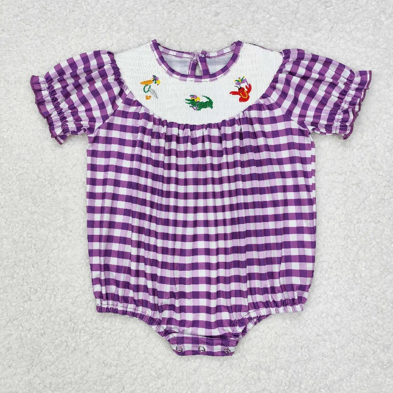 SR2060 Purple check lobster Embroidery Girls Short Sleeve Romper Refined Men's Hand