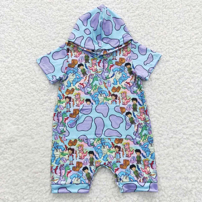 SR0405 Blue Dinosaur Cartoon Pocket Hoodies Boys Short Sleeve Romper Refined Men's European