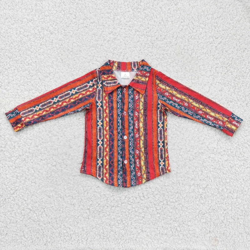 promotion BT0131 Red Western Print Boys Long Sleeve Top Collar T-Shirts