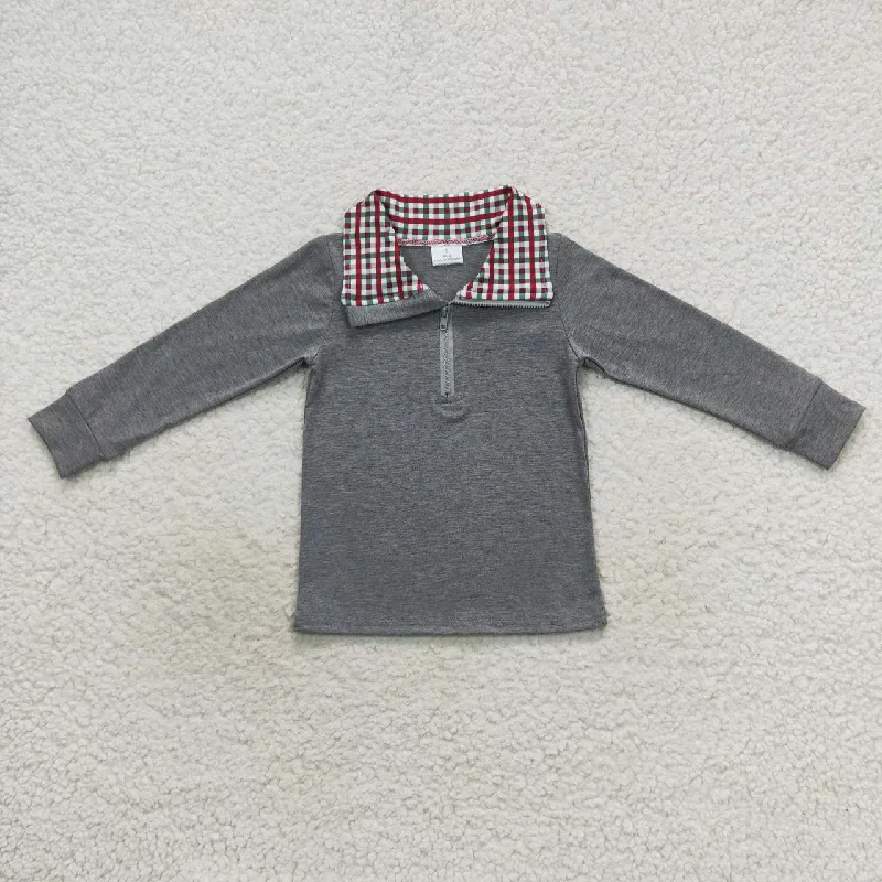 BT0283 Grey Red  Plaid  Winter Boys Long Sleeve Top Collar T-Shirts Masculine Men's 