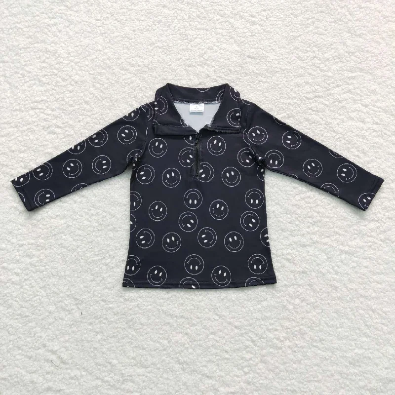 BT0398  Black Smile Short Sleeve Top Boys Collar T-Shirts Artistic Men's Avant