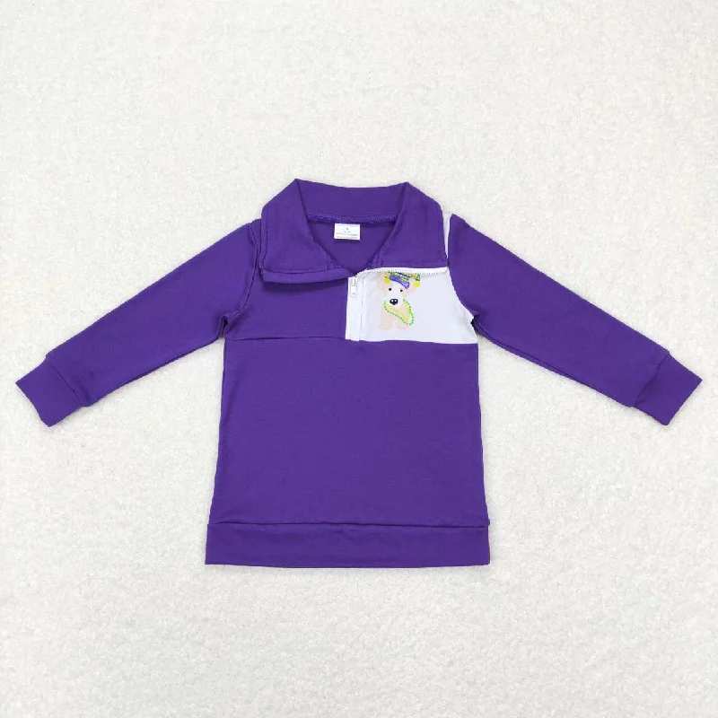 BT0492 Mardi Gras Purple Dog Boys Long Sleeve Top Collar T-Shirts Dapper Men's Bow