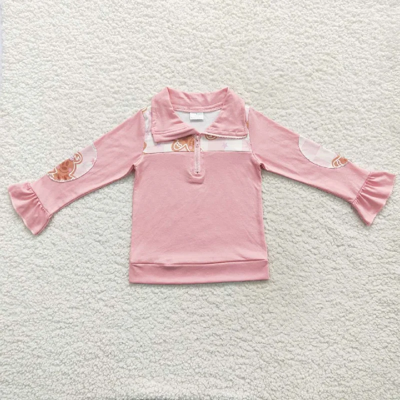 GT0218 Christmas Pink Gingerbread Girls Long Sleeve Top Collar Polo Pullover T-Shirts Relaxed Men's Australian 