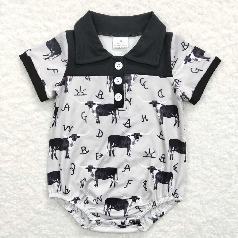 SR0220 Black Highland Cow Western Collar Girls Short Sleeve Romper Cozy Men's Winter