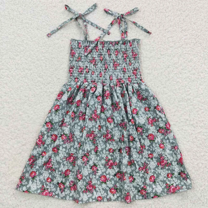 GSD0378 Red Blue Floral Girls Short Sleeve Dresses Laid