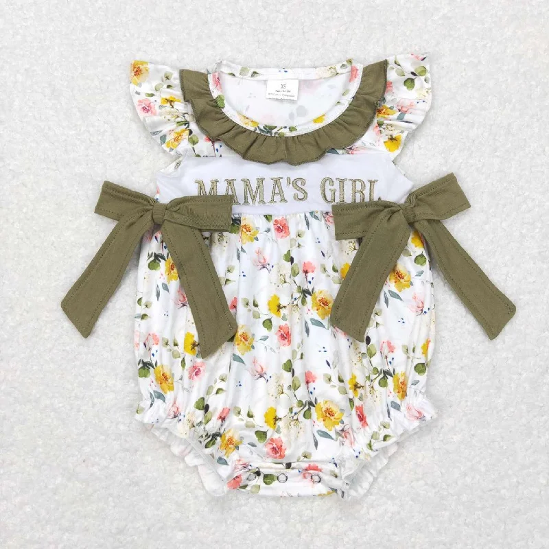 SR0478 Mama's Girl Green Floral Bow Embroidery Girls Short Sleeve Romper Streetwear Style