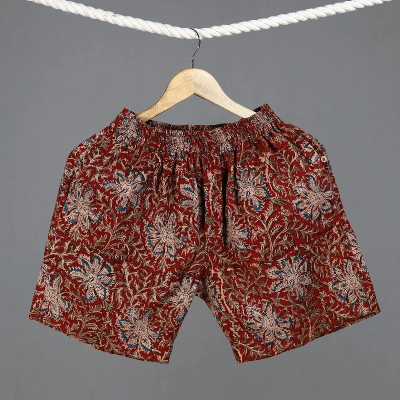 Red - Kalamkari Block Printed Cotton Unisex Boxer/Shorts Bohemian Men's Free