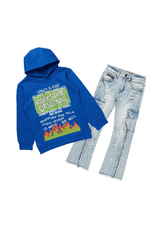 Boys Beno Royal Blue Hoodie/Stacked Flare Jean Set