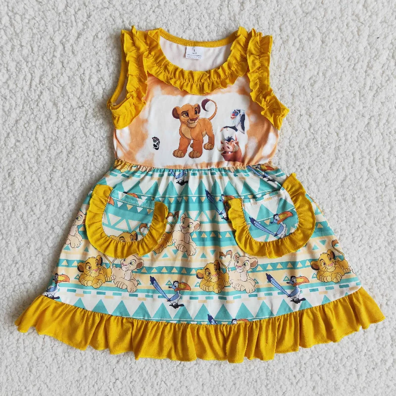 Clearance E13-5 Cartoon Baby Girls Lion Pockets Kids Girls Short Sleeve Dresses Streetwear Style