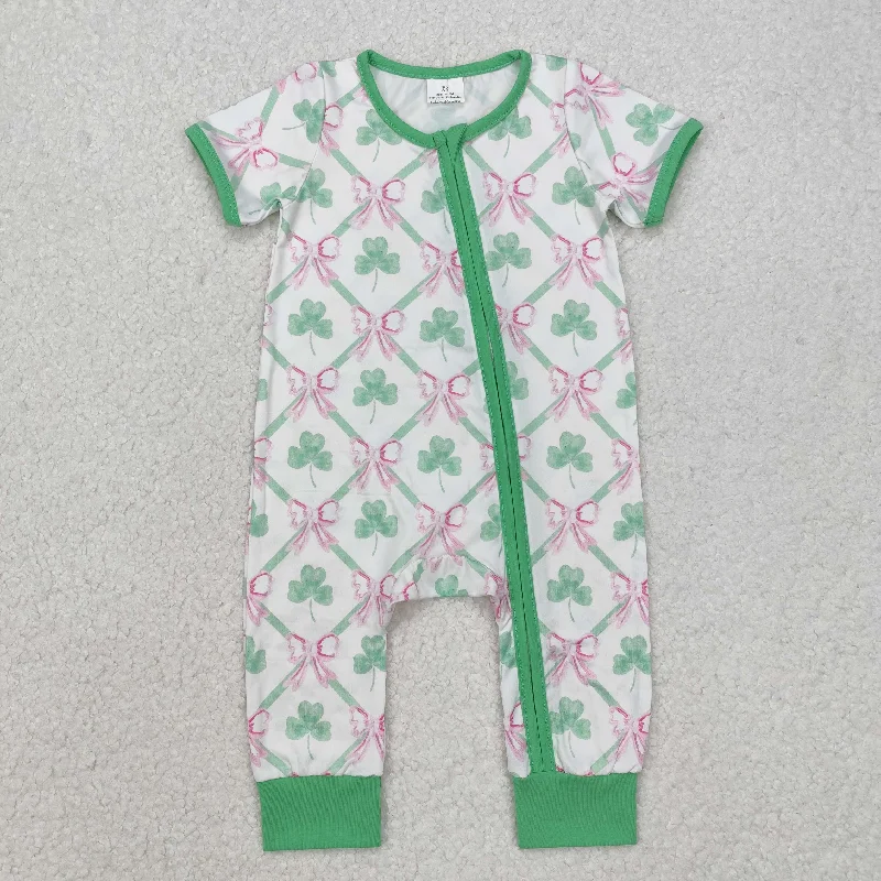 SR2109 St. Patrick's Day outfit lucky girl Short Sleeve Romper with clover bow zipper outfit RTS 202412 Earthy Men's Sustainable 