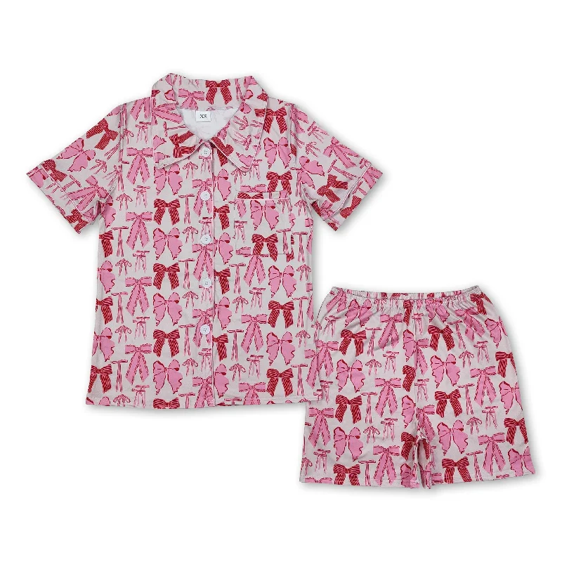 Short sleeves bow adult women button down pajamas