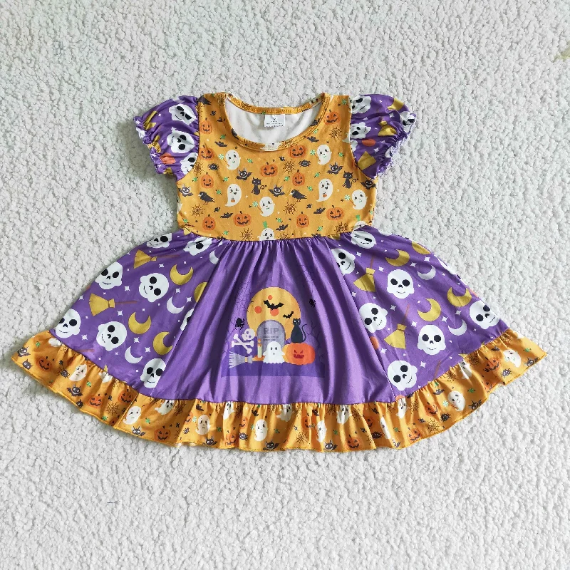 GSD0125 Halloween Ghost Bat Cartoon Pumpkin Purple Yellow Girls Patchwork Flutter Sleeve Dresses Artistic Men's Hand