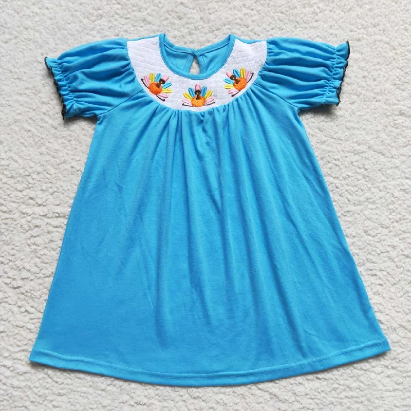 GSD0436 Thanksgiving Turkey Blue Embroidery Girls Short Sleeve Dresses Stylish Men's Neon