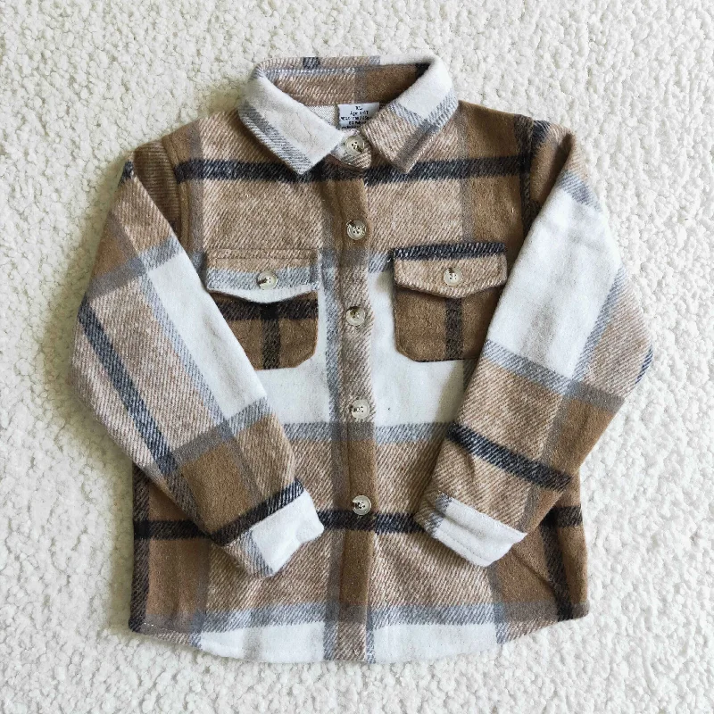 BT0062  Brown Plaid Boys Long Sleeve Top Winter Collar T-Shirts Bold Men's Animal