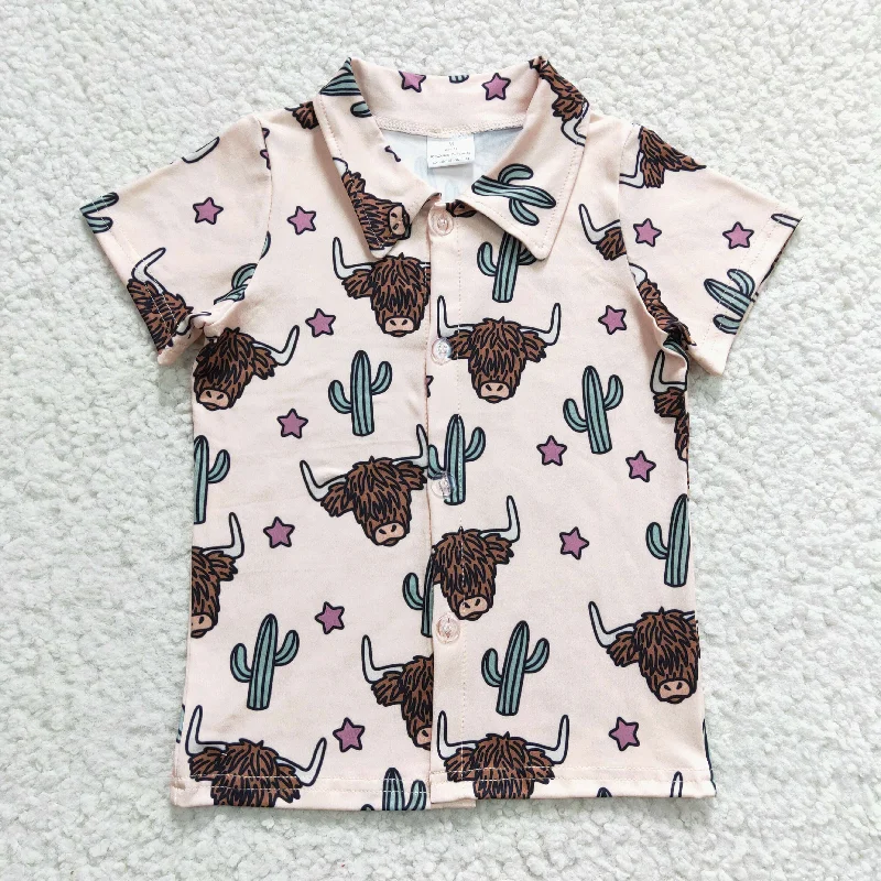 BT0133 Brown Highland Cow Cactus Western Boys Short Sleeve Top Collar T-Shirts Tough Men's Tactical