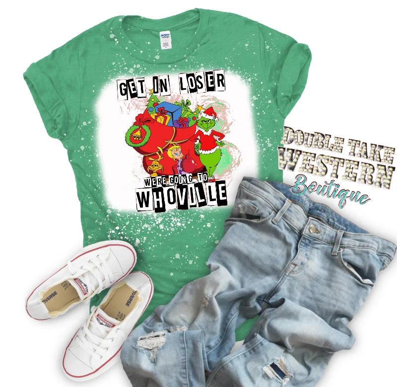 Get in Loser We're Going to Whoville Grinch Christmas Bleached Graphic T-Shirt Practical Men's Multi