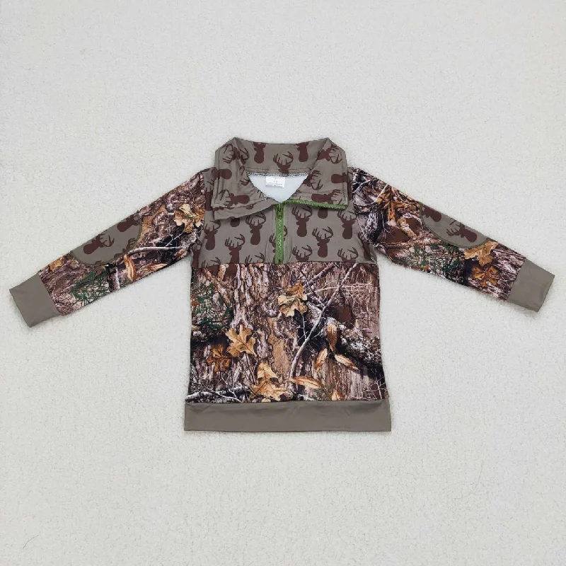 BT0094 Green Camo Deer Leaf Leaves Boys Long Sleeve Top Collar Polo Pullover T-Shirts Streetwear Style