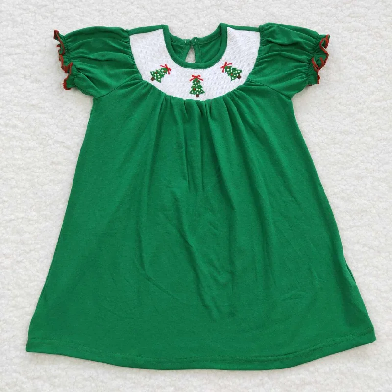 GSD0432 Christmas Green Tree Embroidery Girls Flutter Sleeve Dresses Earthy Men's Sustainable 