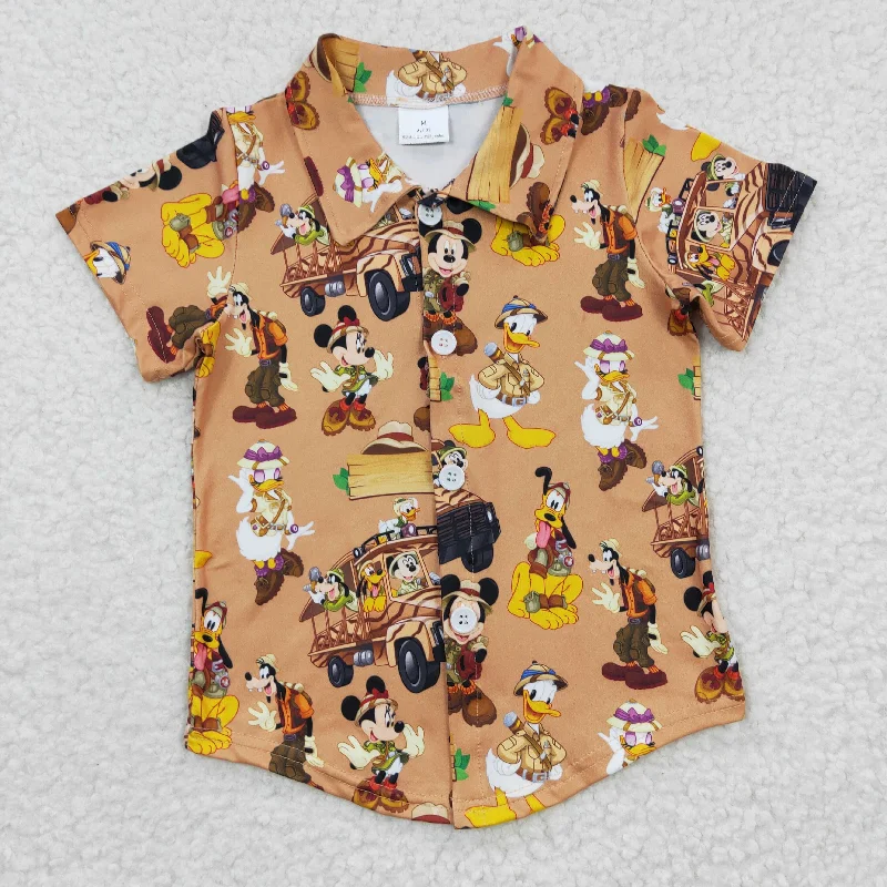 BT0155 Yellow Brown M Cartoon Boys Short Sleeve Top Collar T-Shirts Classic Men's Pin