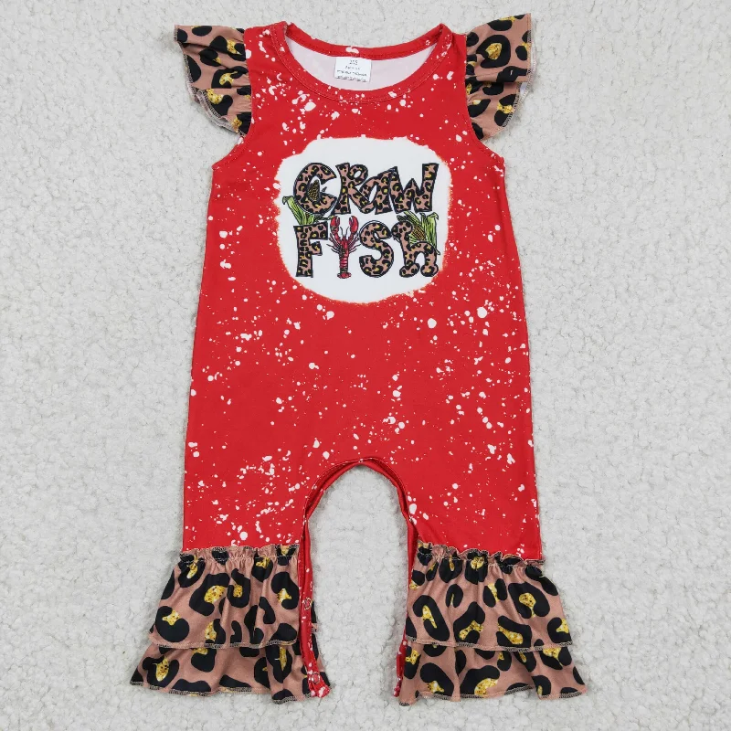 SR0149 Crawfish Cray Red Bleach Leopard  Girls Short Sleeve Romper Stylish Men's Tropical 