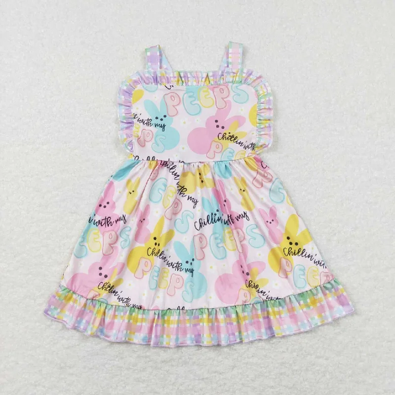 GSD0551 Easter Rabbit Pink Cross Peeps Girls Flutter Sleeve Dresses Monochromatic Office Style