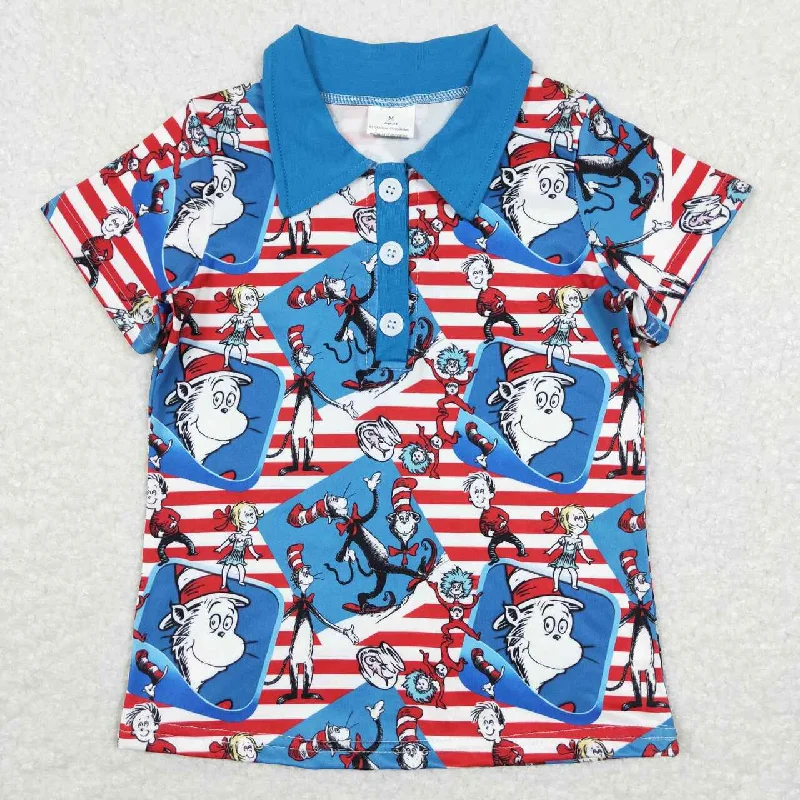 BT0483 Blue Red Dr Cartoon Cat Hat Boys Short Sleeve Top Collar T-Shirts Hip Men's Retro