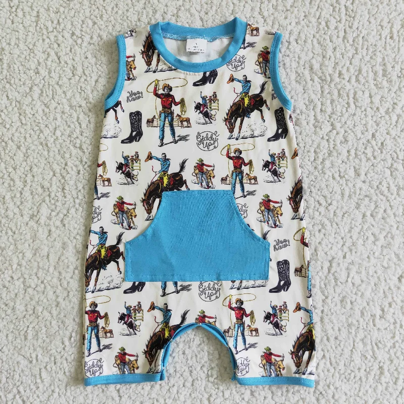 SR0043 Blue Rodeo Horses Cowboy Pocket Boys Sleeveless Romper