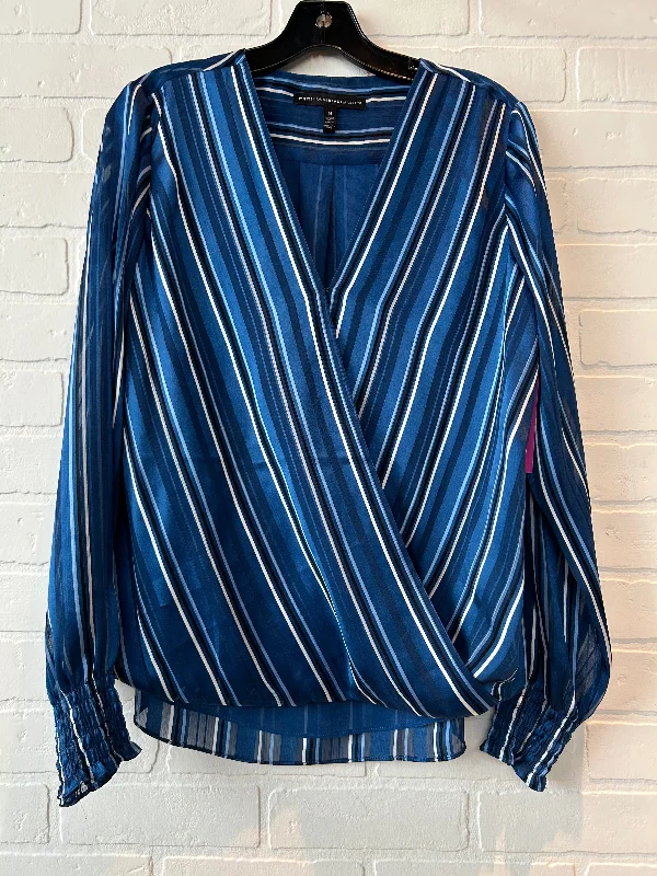 Top Long Sleeve By White House Black Market In Blue & White, Size: M Monochromatic Office Style