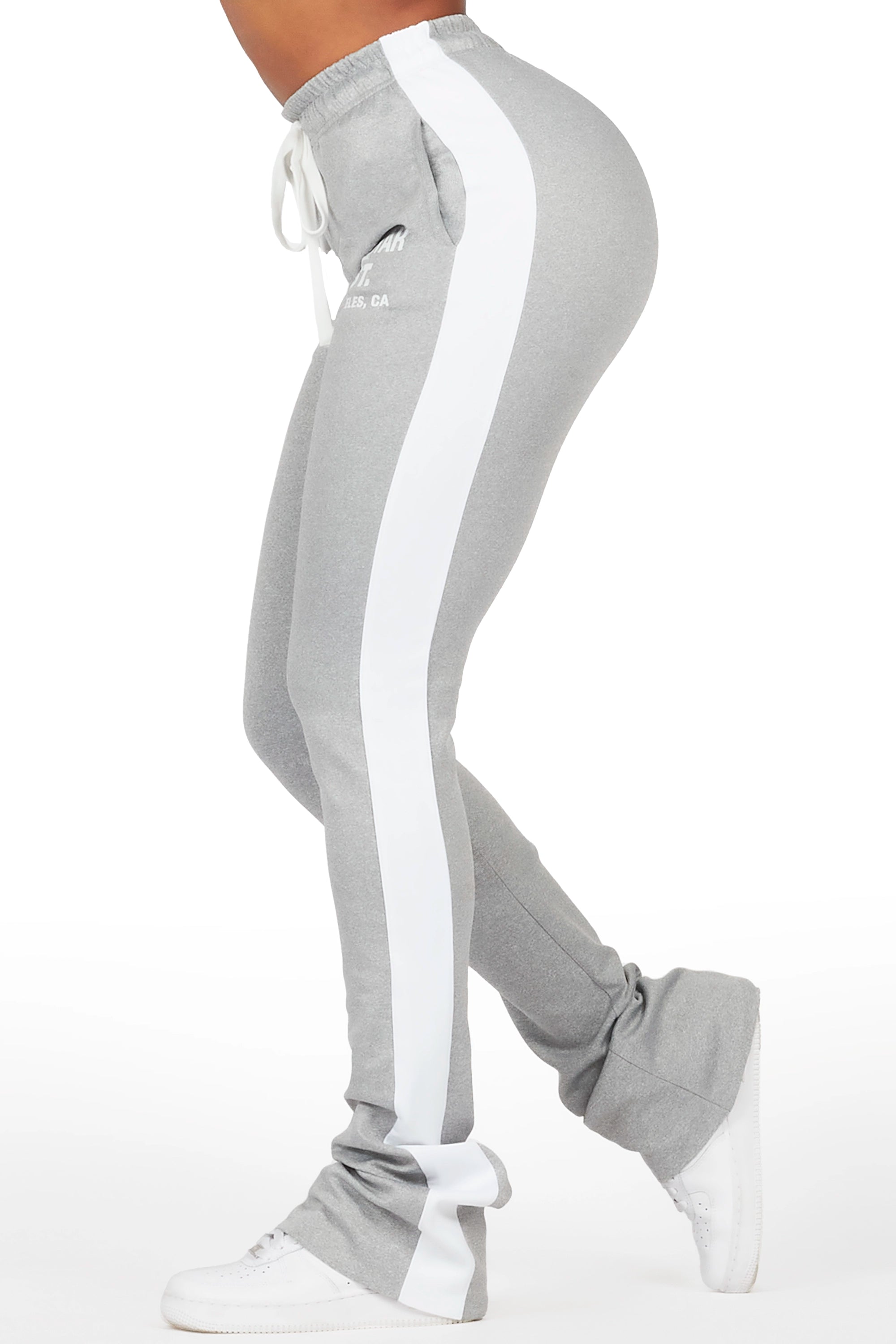 Savannah Heather Grey Super Stacked Track Pant Laid