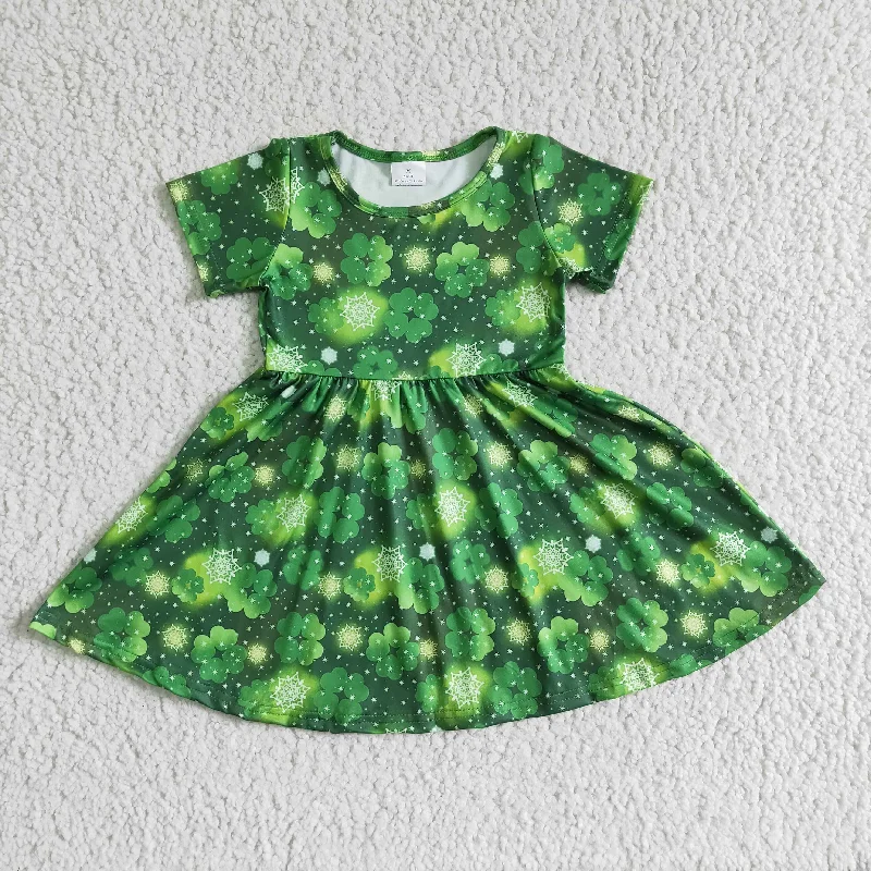 Clearance A8-10 St. Patrick Green Clover Girls Short Sleeve Dresses