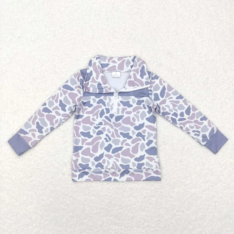 BT0467  Blue leopard Camo Boys Long Sleeve Top Collar Polo Pullover T-Shirts Casual Men's Short