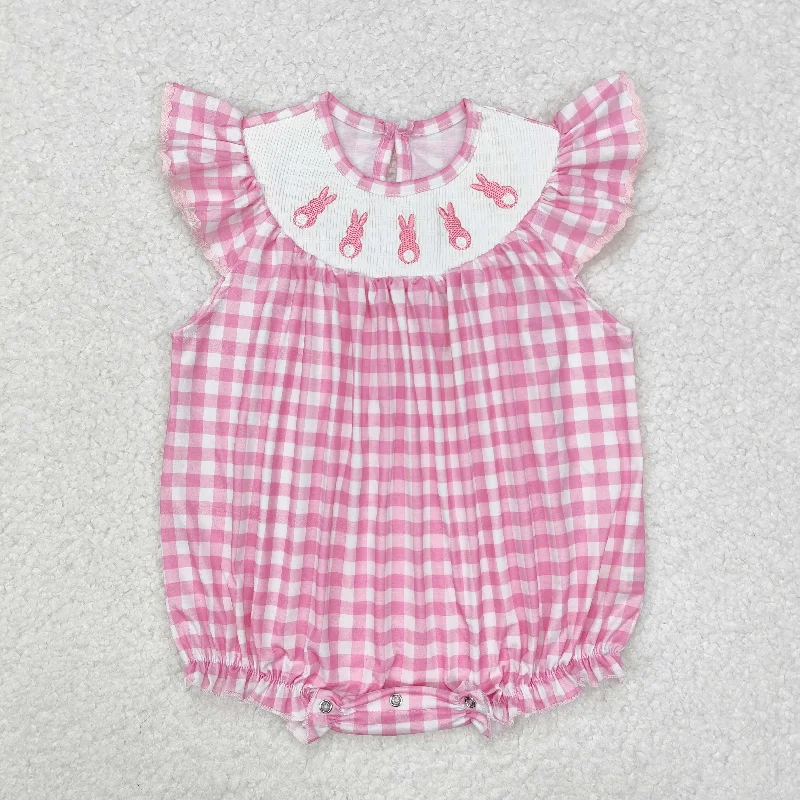 SR2215 Pink check rabbit Embroidery Girls Short Sleeve Romper cute girls outfits RTS Elegant Men's Cashmere