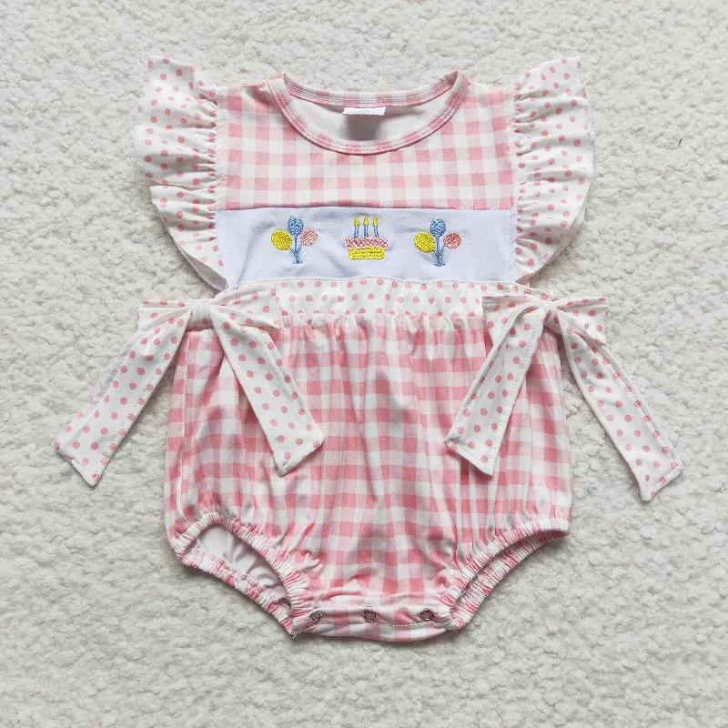 SR0269 Pink Happy Birthday Cake  Embroidery Girls Flutter Sleeve Romper Earthy Men's Sustainable 