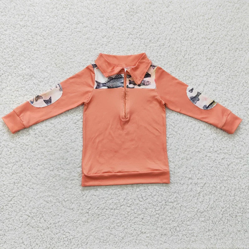 promotion BT0128 Valentine Love Fish Orange Boys Long Sleeve Top Collar Polo Pullover T-Shirts Organic