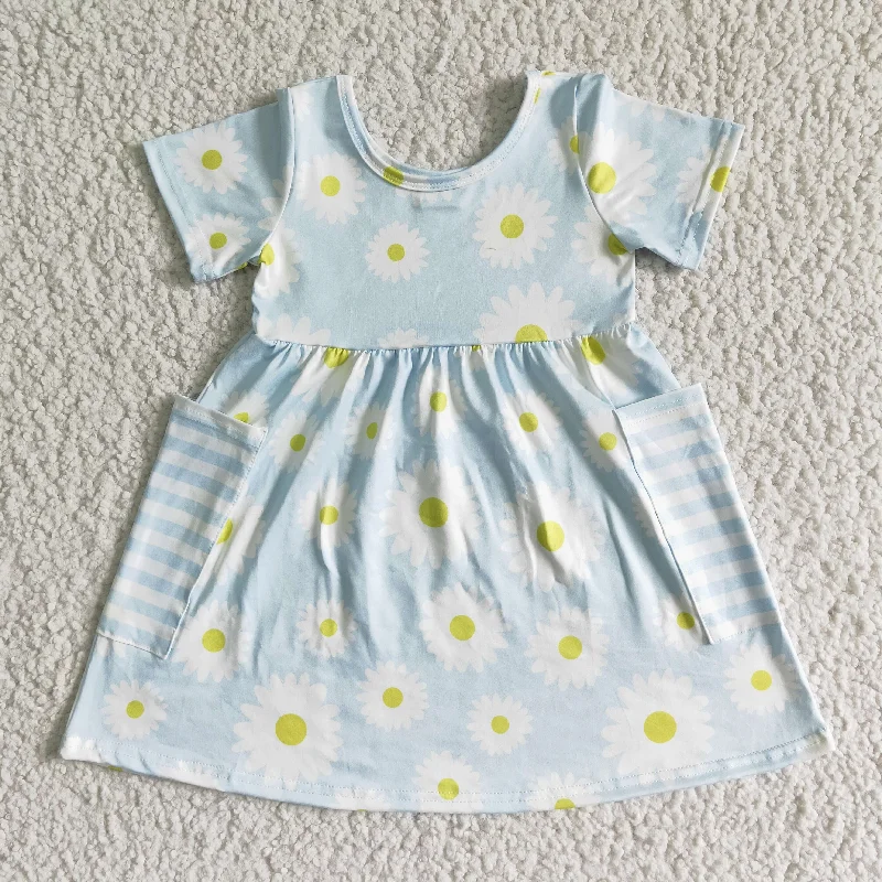 GSD0096 Blue Stripes Floral Pockets Girls Short Sleeve Dresses