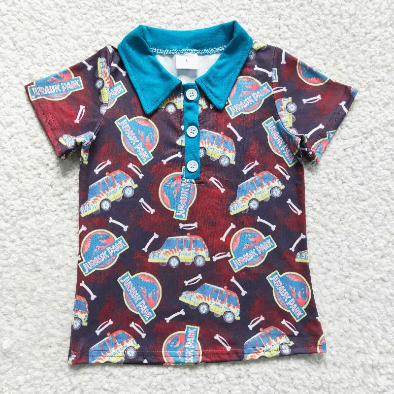 BT0136 Blue Dinosaur Park Cartoon Boys Short Sleeve Top Collar T-Shirts Dapper Men's Bow