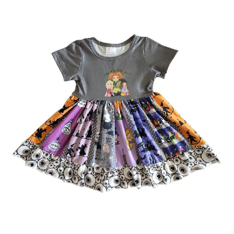 C1-24 Halloween Witch Cartoon Patchwork Girls Short Sleeve Dresses Organic