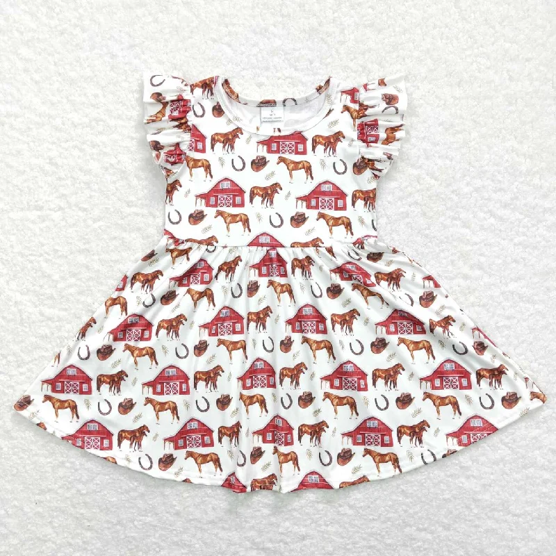 GSD0516 Red Farm Horses  Girls Flutter Sleeve Dresses Artistic Men's Avant