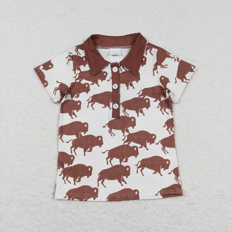 BT0175 Brown Highland Cow Boys Short Sleeve Top Collar T-Shirts Monochromatic All