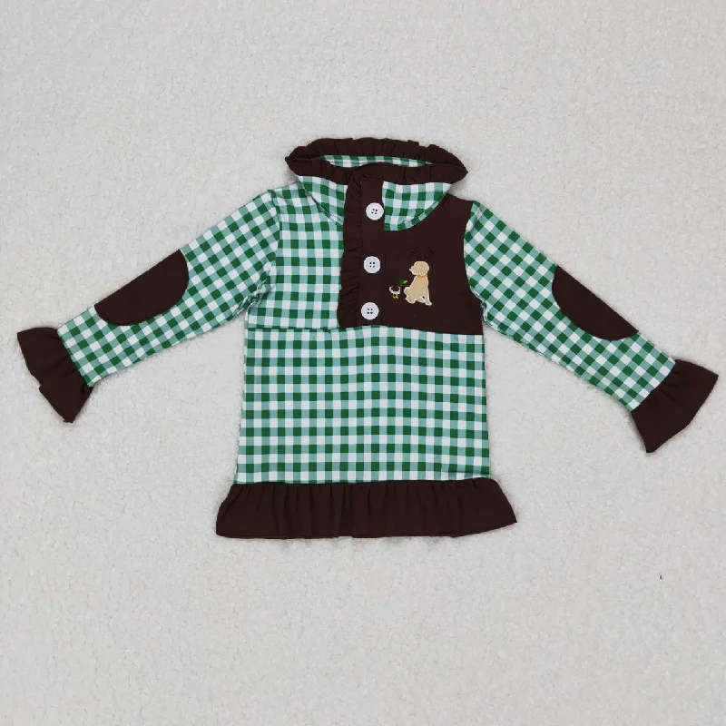 GT0284  Green Plaid Dog  Duck  Winter Girls Long Sleeve Top Collar T-Shirts Cclassic Men's Tweed