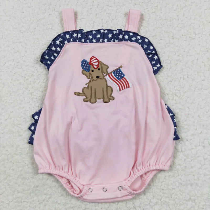 SR0332 4th Of July Blue Pink Flag Dog Embroidery Girls Short Sleeve Romper Relaxed Men's Beach