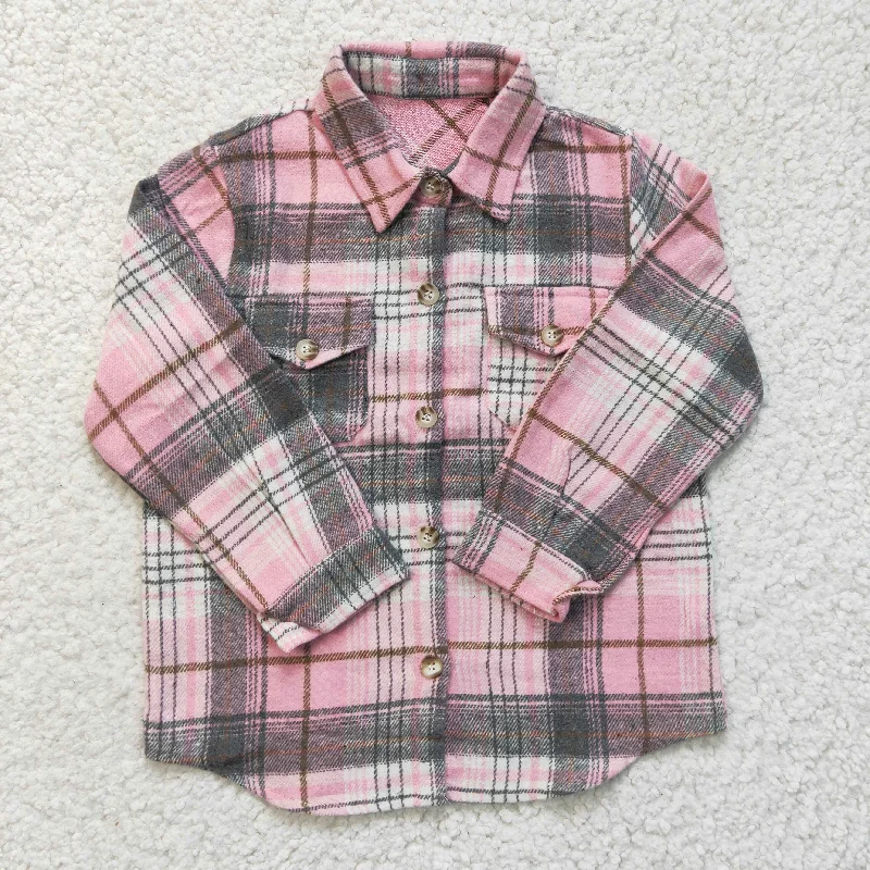 GT0094 Pink Plaid Girls Long Sleeve Top Winter Collar T-Shirts Tailored