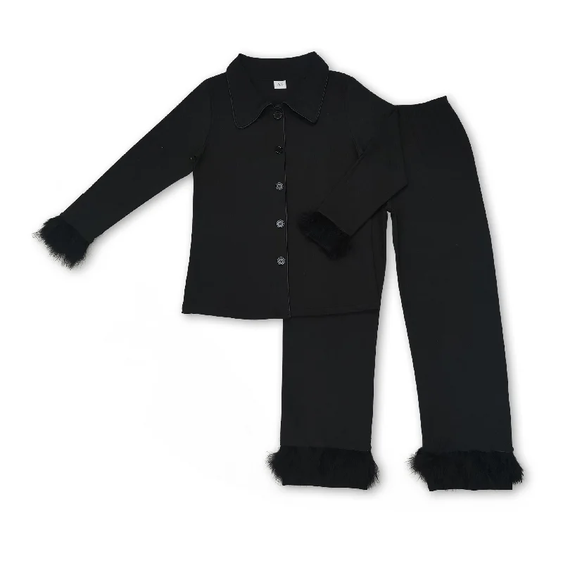 Black cotton fur ruffle adult women button down pajamas Cclassic Men's Tweed