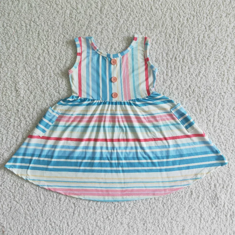 GSD0030 Pink Blue Stripes Girls Sleeveless Dresses