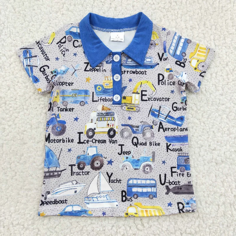 BT0135 Blue Yellow Helicopter Lifeboat Tractor Car Boys Short Sleeve Top Collar T-Shirts Polished Men's Satin