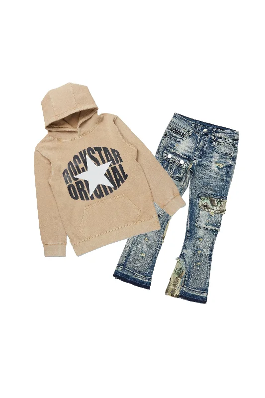 Boys Mabon Vintage Beige Hoodie/Stacked Flare Jean Set