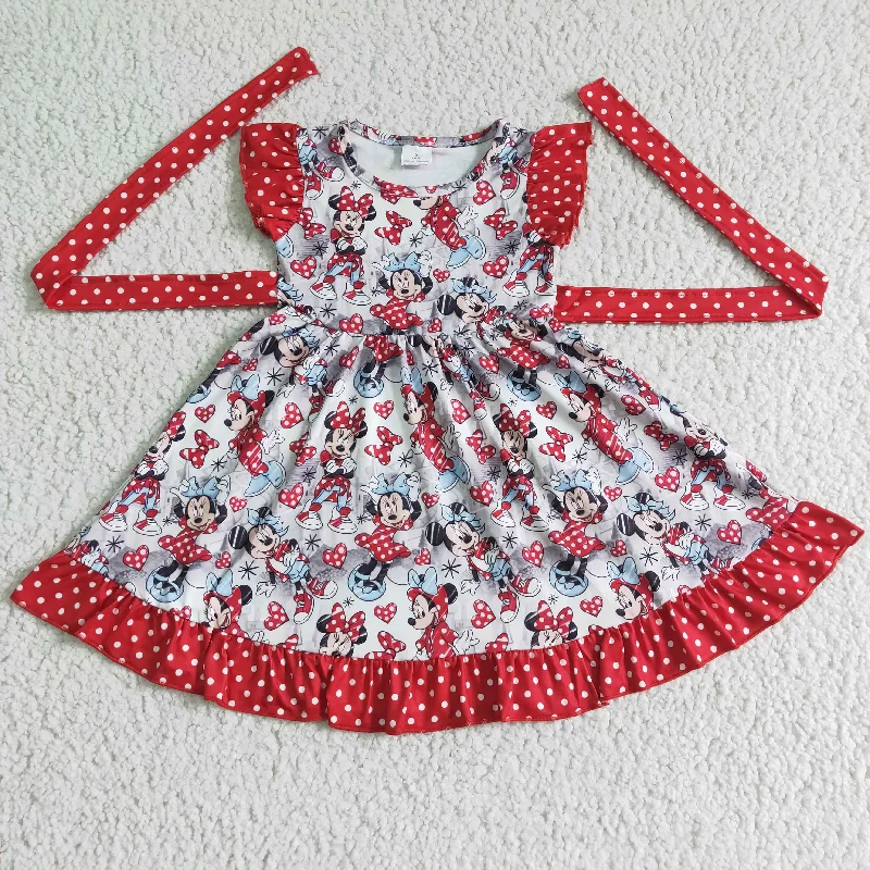 GSD0043 Red Cartoon Belt Girls Flutter Sleeve Dresses Laid